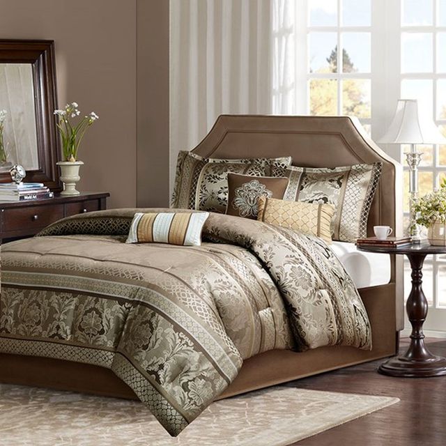 Olliix by Madison Park Brown/Gold Queen Bellagio 7 Piece Jacquard Comforter Set-2