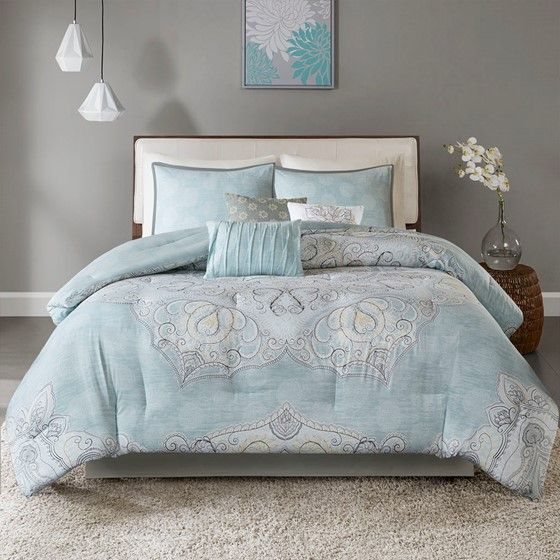 Olliix by Madison Park Lucinda 7 Piece Seafoam California King Reversible Cotton Sateen Comforter Set-0