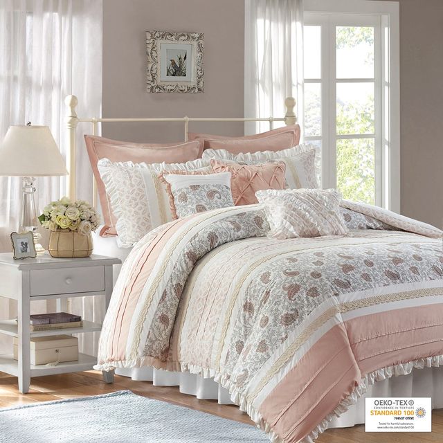 Olliix by Madison Park 9 Piece Blush King Dawn Cotton Percale Duvet Cover Set-0
