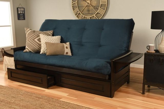 Kodiak Furniture Phoenix Suede Navy/Espresso Queen Storage Futon with Mattress-2