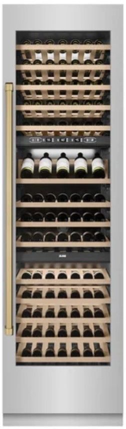 ZLINE Autograph Edition 24" 12.4 Cu. Ft. Triple Zone 100 Bottle Column Wine Cooler in Stainless Steel and Champagne Bronze Accents-3