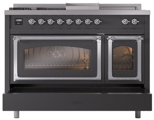 Ilve® Nostalgie II Noblesse 48'' Graphite Matte Pro Style Dual Fuel Range with Chrome Trim-3