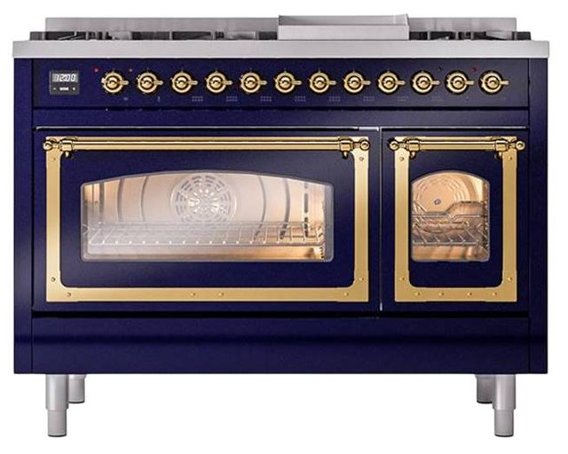 Ilve® Nostalgie II Noblesse 48'' Midnight Blue Pro Style Dual Fuel Range with Brass Trim-1