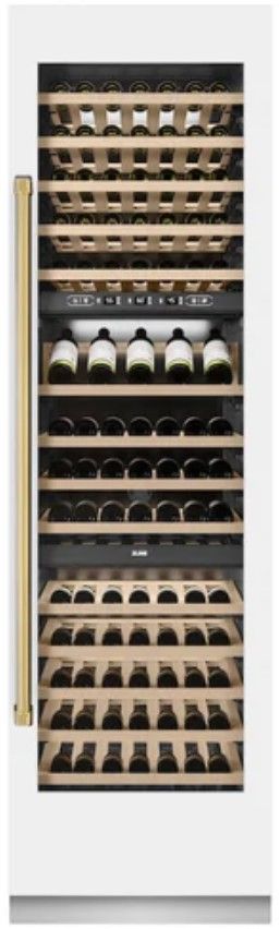 ZLINE Autograph Edition 24" 12.4 Cu. Ft. Triple Zone 100 Bottle Column Wine Cooler in White Matte and Polished Gold Accents-3