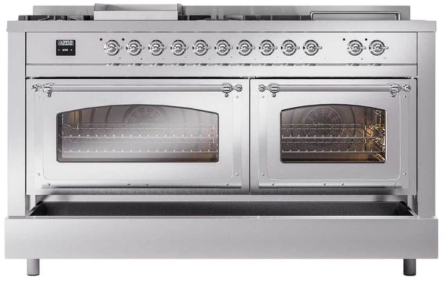 Ilve® Nostalgie II Noblesse 60'' Stainless Steel Pro Style Dual Fuel Range with Chrome Trim-3