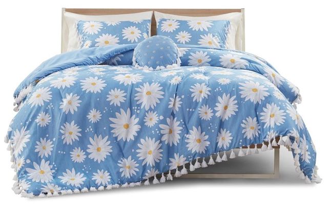 Olliix by Intelligent Design Jane Blue Full/Queen Daisy Printed Comforter Set with Tassels-0