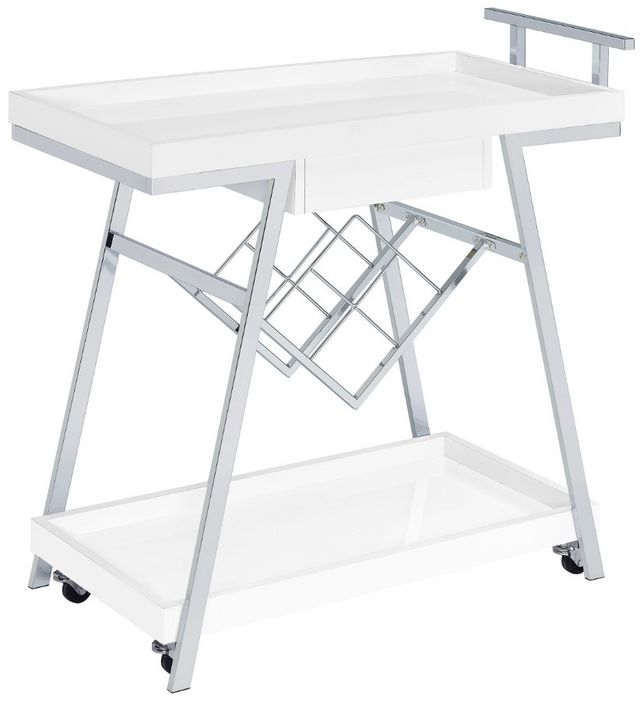 Coaster® Kinney White/Chrome 2-Tier Bar Cart with Storage Drawer-4