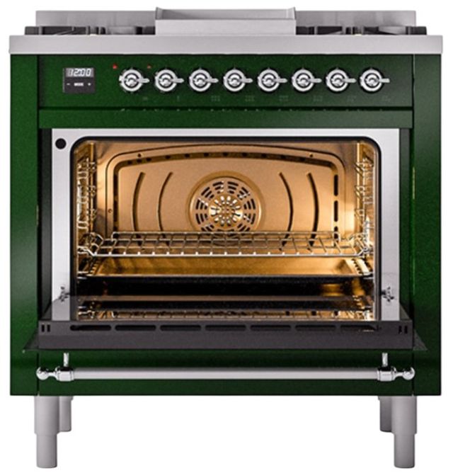 Ilve® Nostalgie II Noblesse 36'' Emerald Green Pro Style Dual Fuel Range with Chrome Trim-2