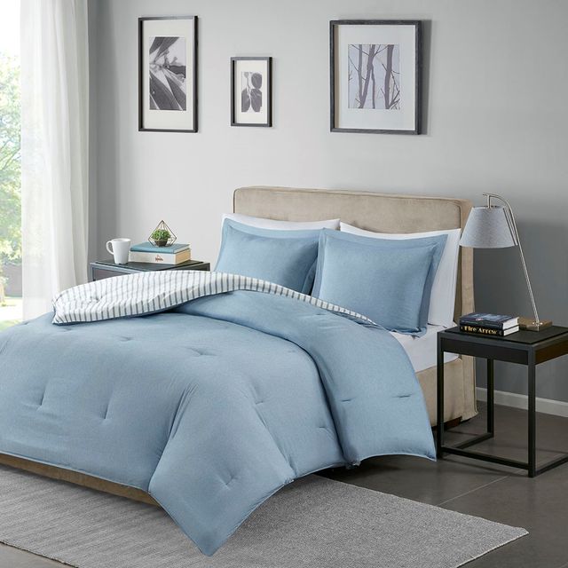 Olliix by Madison Park Essentials Hayden Blue Full/Queen Reversible Yarn Dyed Down Alternative Comforter Set-1