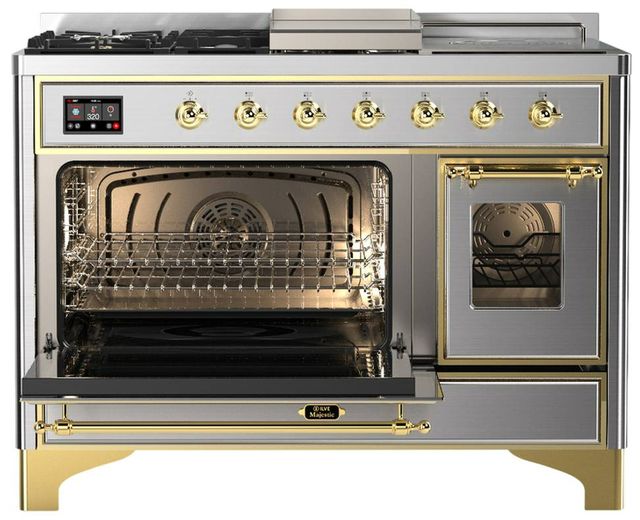 Ilve® Majestic III 48" Stainless Steel Pro Style Dual Fuel Liquid Propane Range with Triple Glass Door and Brass Trim-3
