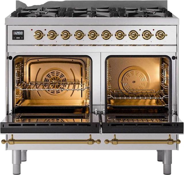 Ilve® Nostalgie II 40" Stainless Steel Pro Style Dual Fuel Range with Brass Trim-1