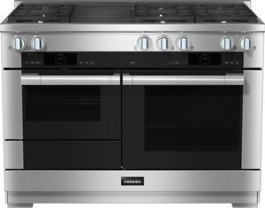 Front view of the Miele 48" Natural Gas Clean Touch Steel Pro Style Dual Fuel Range