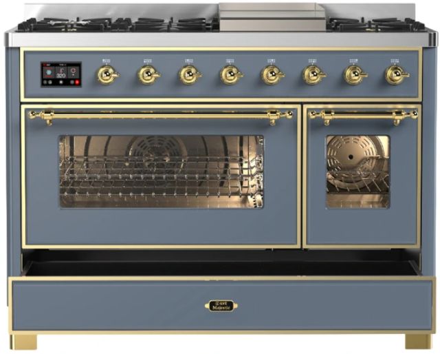 Ilve® Majestic III 48" Blue Gray Pro Style Dual Fuel Natural Gas Range with Triple Glass Door and Brass Trim-1