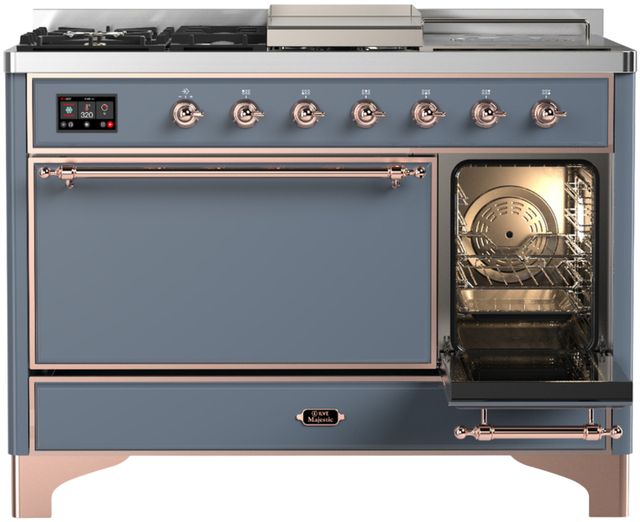 Ilve® Majestic III 48" Blue Gray Pro Style Dual Fuel Natural Gas Range with 5 Black Brass Burners and Copper Trim-3