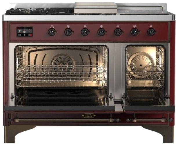 Ilve® Majestic III 48" Burgundy Pro Style Dual Fuel Liquid Propane Range with French Top and Burnished Trim-1