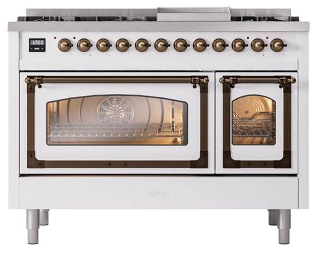 Ilve® Nostalgie II Noblesse 48'' White Pro Style Dual Fuel Range with Burnished Trim-1
