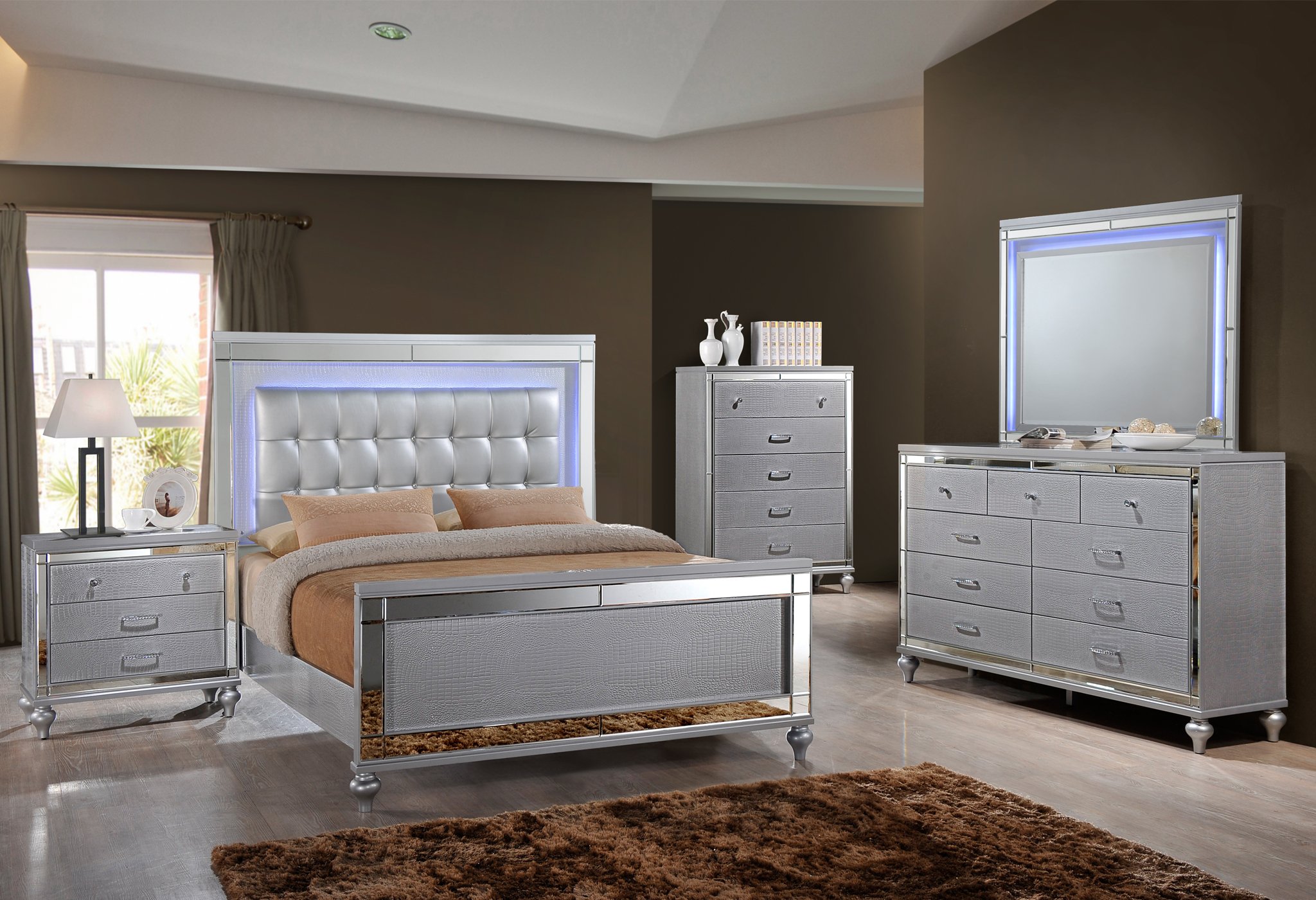 New Classic® Home Furnishings Valentino 4-Piece Silver Queen Upholstered Bedroom Set with Nightstand