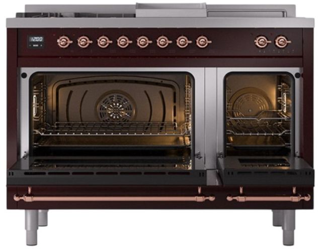 Ilve® Nostalgie II Noblesse 48'' Burgundy Pro Style Dual Fuel Range with Copper Trim-2
