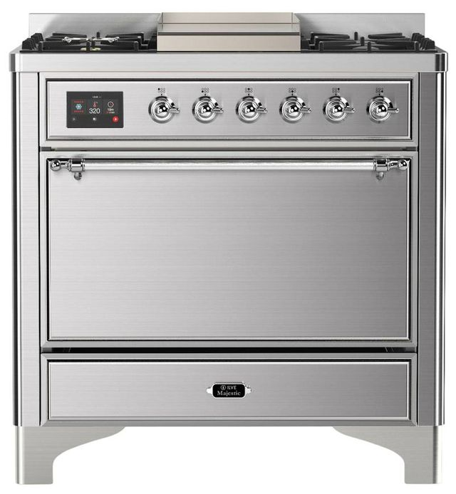 Ilve® Majestic III 36" Stainless Steel Pro Style Dual Fuel Natural Gas Range with Solid Door and Chrome Trim-0