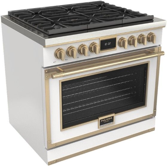 Fulgor Milano® Evoque 400 Series 36” Glossy White Pro Style Dual Fuel Range with Brushed Brass Trim-0