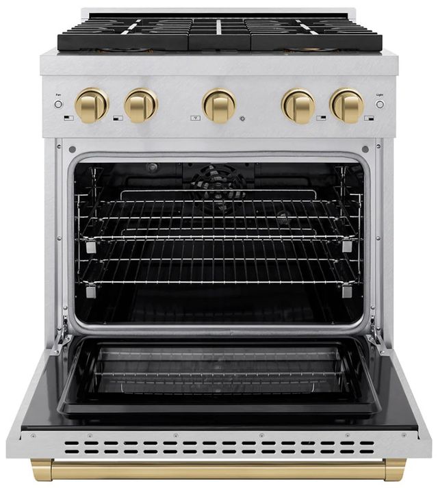 ZLINE Autograph Edition Paramount 30" 4.2 Cu. Ft. Satin Stainless Steel Dual Fuel Range with 4 Burner DuoPro™ Cooktop and Electric Convection Oven in Champagne Bronze Accents-2