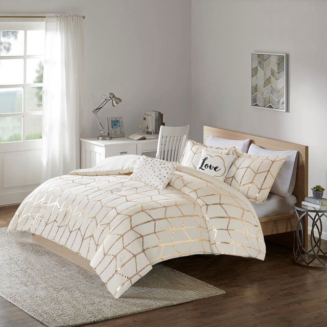 Olliix by Intelligent Design Raina Ivory and Gold Twin/Twin XL Metallic Printed Comforter Set-4
