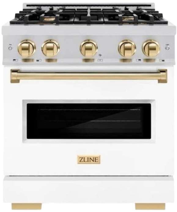 ZLINE Classic Autograph Edition 30" Satin Stainless Steel Pro Style Gas and with White Matte Door and Polished Gold Accents-0