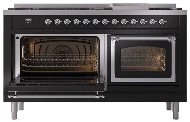 Ilve® Nostalgie II Noblesse 60'' Glossy Black Pro Style Dual Fuel Range with Chrome Trim-3