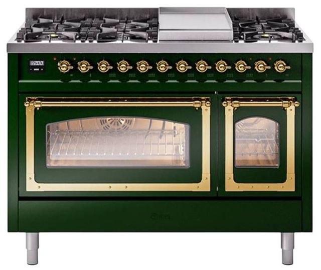 Ilve® Nostalgie II Noblesse 48'' Emerald Green Pro Style Dual Fuel Range with Brass Trim-0