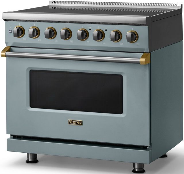 Viking® 5 Series 36" Novembery Sky Pro Style Induction Range with Brushed Brass Trim-2