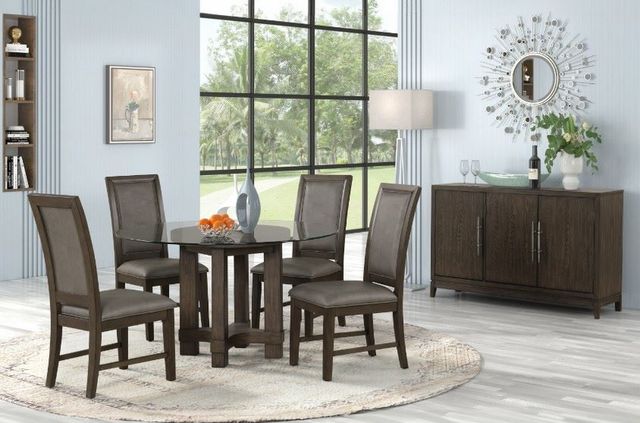 New Classic® Home Furnishings Cityscape Glass Top Dining Table with Walnut Base-1