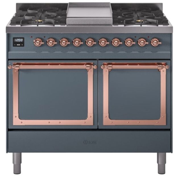 Ilve® Nostalgie II Noblesse 40'' Blue Gray Pro Style Dual Fuel Range with Copper Trim-0