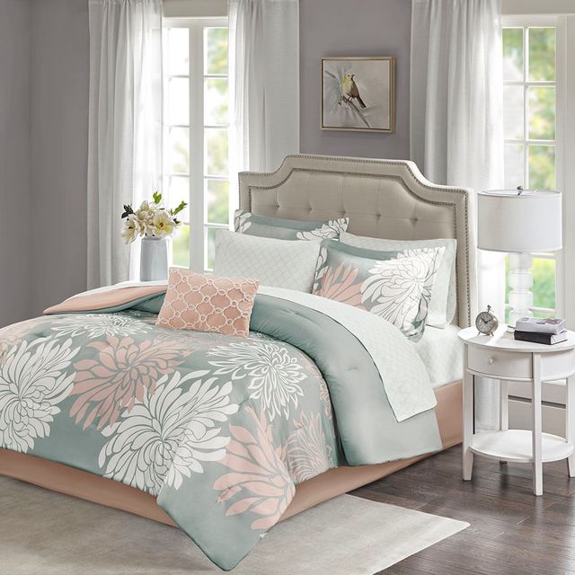 Olliix by Madison Park Essentials Blush/Grey Twin Maible Complete Comforter and Cotton Sheet Set-0