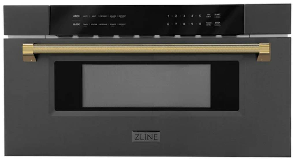 ZLINE Autograph Edition 30 in. 1.2 cu. ft. Built-in Microwave Drawer in Black Stainless Steel and Polished Gold Helix Handle (MWDZ-30-BS-KG)