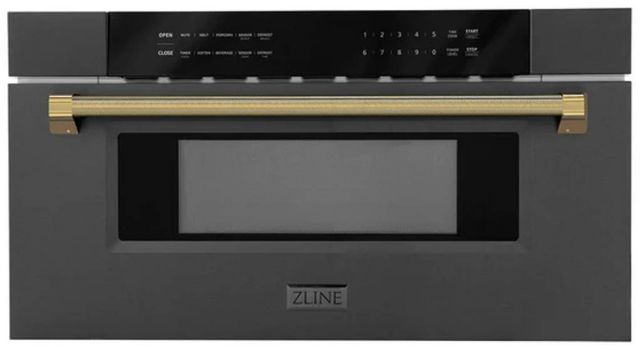 ZLINE Autograph Edition 30" 1.2 Cu. Ft. Black Stainless Steel Built-in Microwave Drawer with Polished Gold Helix Handle-0