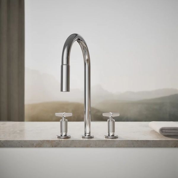 KOHLER® Billet® Polished Chrome Kitchen Sink Faucet with 2-Function Sprayhead and Cross Handles-3