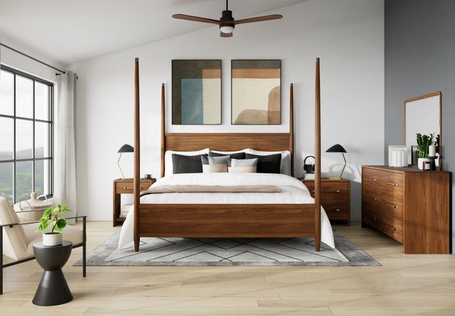 front view of a contemporary bedroom with a four poster bed