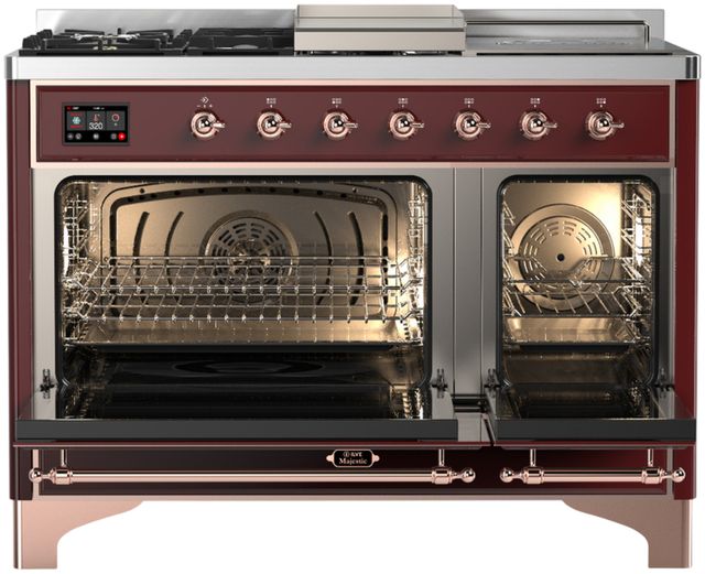 Ilve® Majestic III 48" Burgundy Pro Style Dual Fuel Liquid Propane Range with 5 Black Brass Burners and Copper Trim-1
