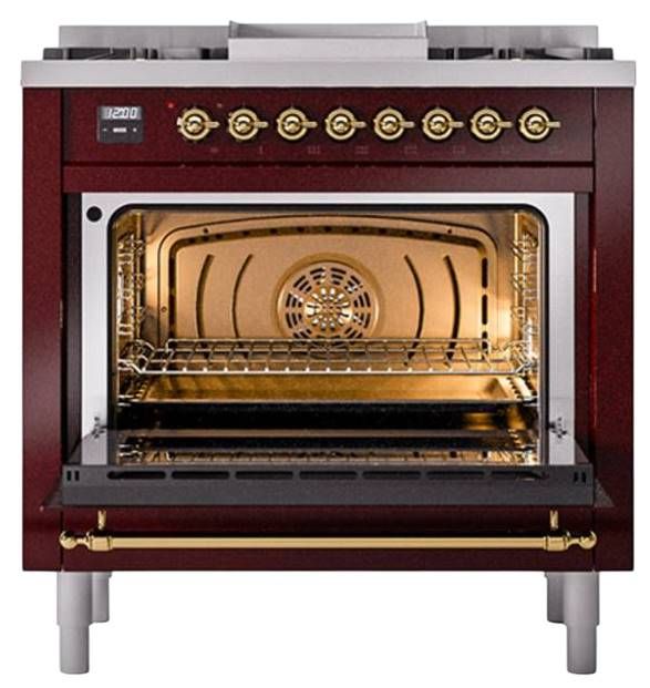 Ilve® Nostalgie II Noblesse 36'' Burgundy Pro Style Dual Fuel Range with Brass Trim-1