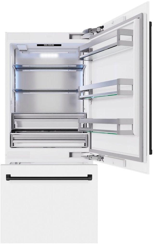 ZLINE Autograph Edition 36" 19.8 Cu. Ft. White Matte Built-In Bottom Freezer Refrigerator with Water Dispenser, Ice Maker, and Matte Black Accents-3