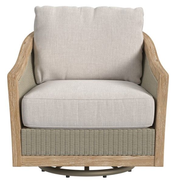 Sunset West Cambria Latte/Natural Teak/Wicker Swivel Outdoor Club Chair with Canvas Canvas Cushion-1