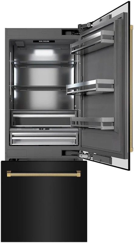ZLINE Autograph Edition 30" 16.1 Cu. Ft. Black Stainless Steel Built-In Bottom Freezer Refrigerator with Water Dispenser, Ice Maker, Graphite Gray Interior and Polished Gold Helix Handles-1