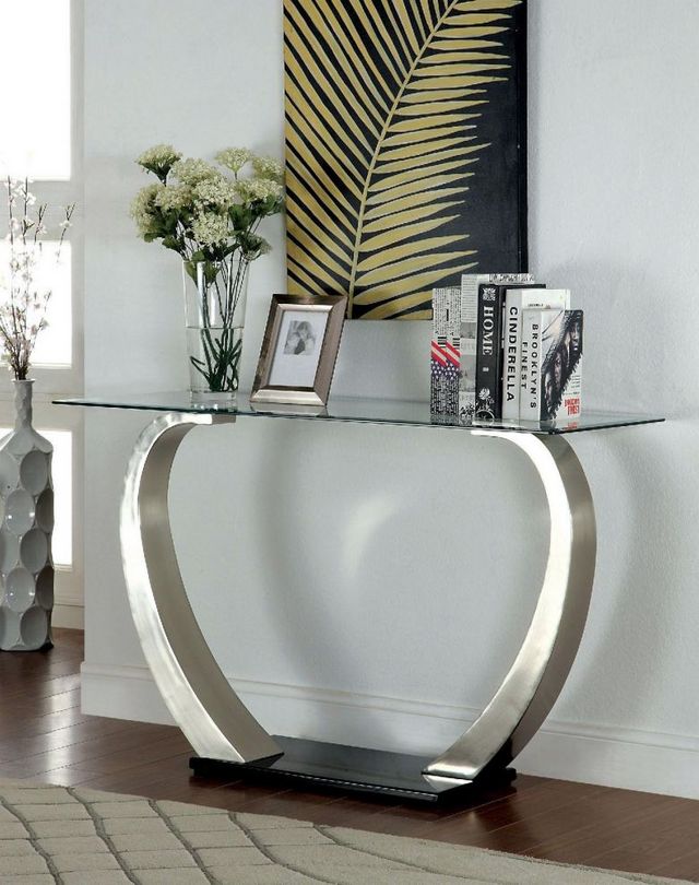 Furniture of America® Roxo Tempered Glass Sofa Table with Satin Plated Base-2