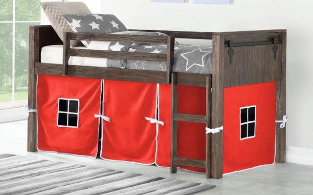 Donco Kids Barn Door Red/Brushed Shadow Youth Twin Low Loft with Tent Kit-1