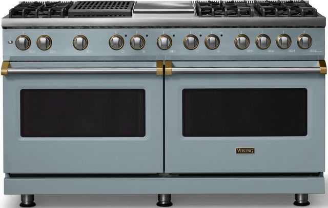 Viking® 5 Series 60" Novembery Sky Pro Style Dual Fuel (NG) Range with Brushed Brass Trim-0