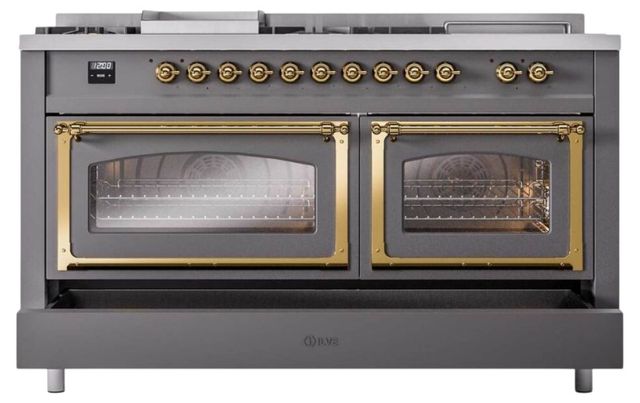 Ilve® Nostalgie II Noblesse 60'' Graphite Matte Pro Style Dual Fuel Range with Brass Trim-3