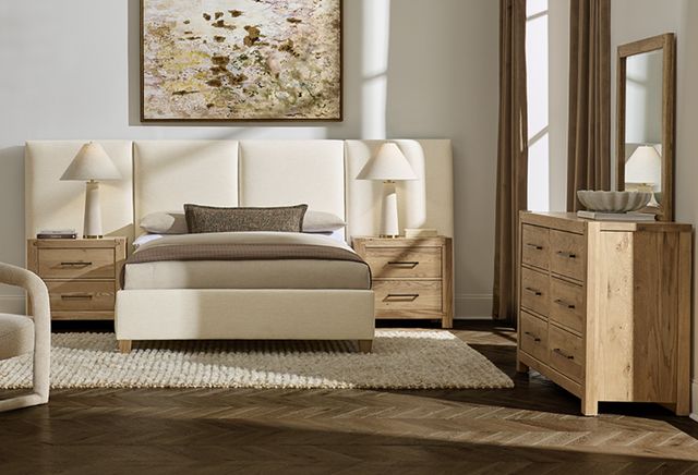 Artisan & Post by Vaughan-Bassett Joinery Ivory Cream/Washed White Oak Queen Upholstered Wall Panel Bed-1