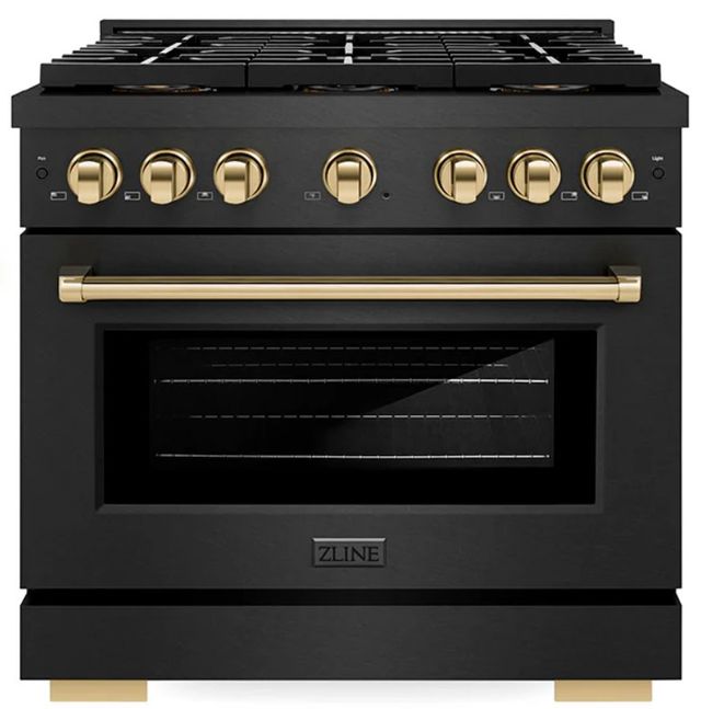 ZLINE Autograph Edition Paramount 36" 5.2 Cu. Ft. Black Satin Stainless Steel Gas Range with 6 Burner DuoPro™ Cooktop and Convection Gas Oven with Polished Gold Accents-0