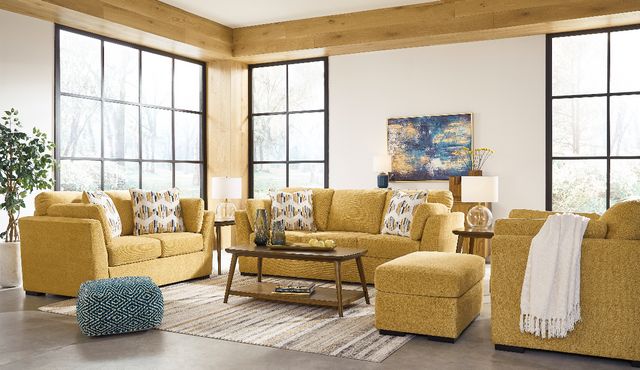 front view of a modern living room with a bright yellow sofa set