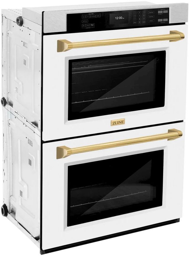 ZLINE Autograph Edition Professional 30" Satin Stainless Steel Double Electric Wall Oven with White Matte Doors and Polished Gold Accents-1